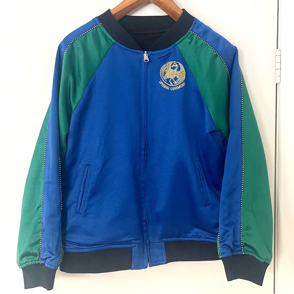 Reversible silk satin embroidered bomber jacket